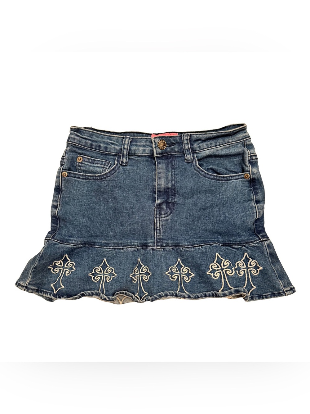 Denim Y2K Mini Skirt with Embroidered Cross Design XXS